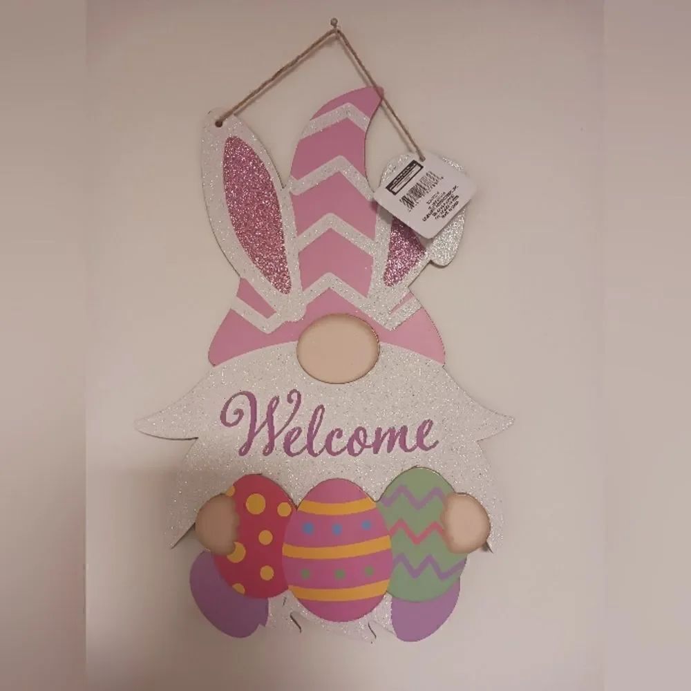 COPY - Wood Easter Bunny Gnome & Eggs Welcome Hanging Wall Door or Wreath Sign